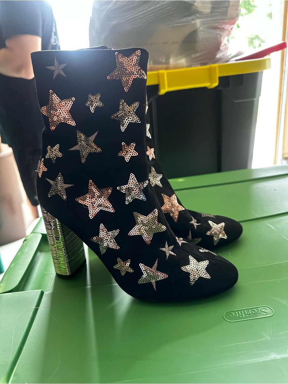 Black Star Sequin Ankle Boots with Metallic Block Heel